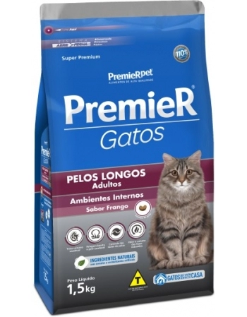 Ração PremieR Ambientes Internos para Gatos Adultos Pelos Longos Frango 1,5Kg