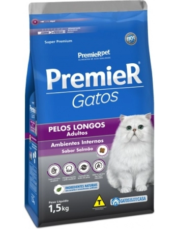 Ração PremieR Ambientes Internos para Gatos Adultos Pelos Longos Salmão 1,5Kg