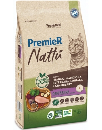 Ração PremieR Nattu para Gatos Adultos Castrados com Mandioca 7,5kg